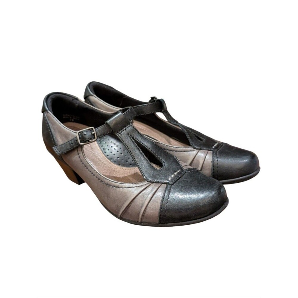 Earth Wanderlust Black Grey Leather T-Strap Mary Jane Heels Comfort Pump Size 7
